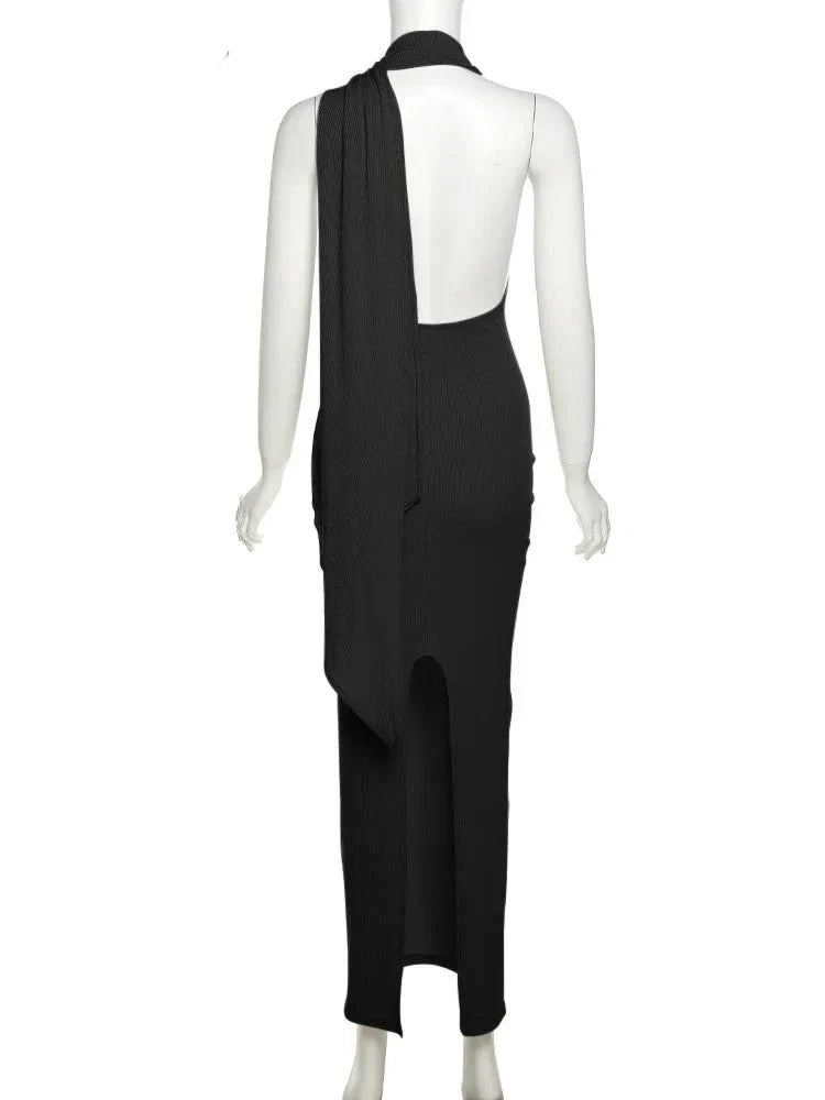 Backless Halter Slit Evening Dress