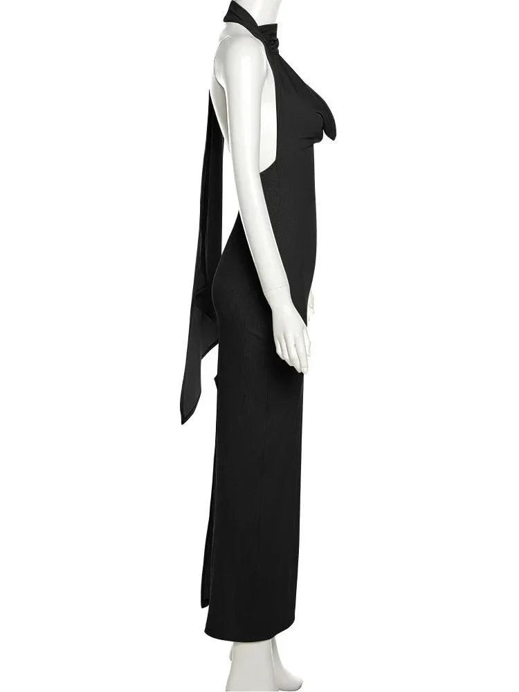Backless Halter Slit Evening Dress