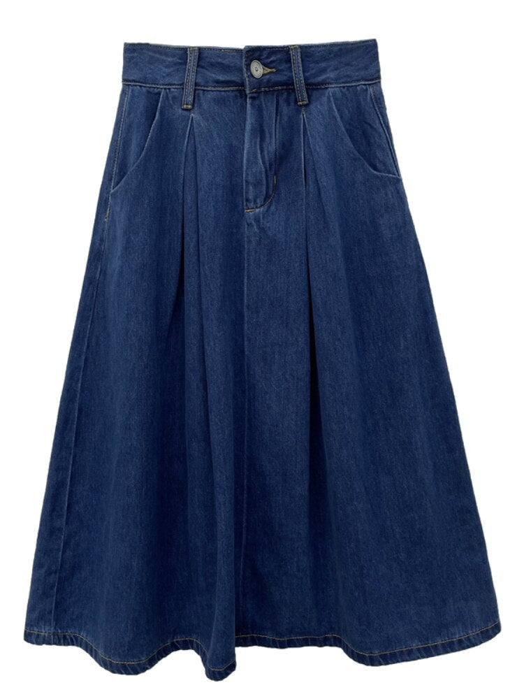 Denim Skirts Women Casual High Waist Lady Loose Vintage Dark Blue Skirts