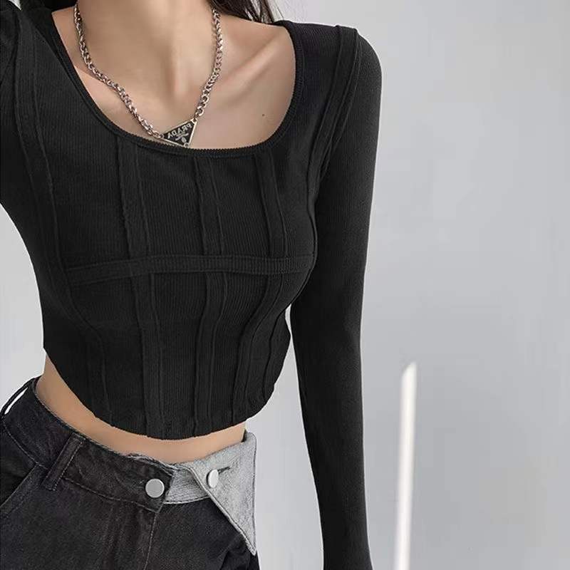 Fishbone Pattern Women's Long Sleeve T-shirt High Waist Slim Square Collar Tops Woman