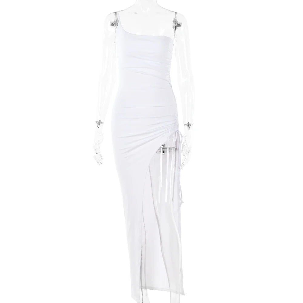 Drawstring High Slit Shoulder Slim Elastic Maxi Bodycon Dress