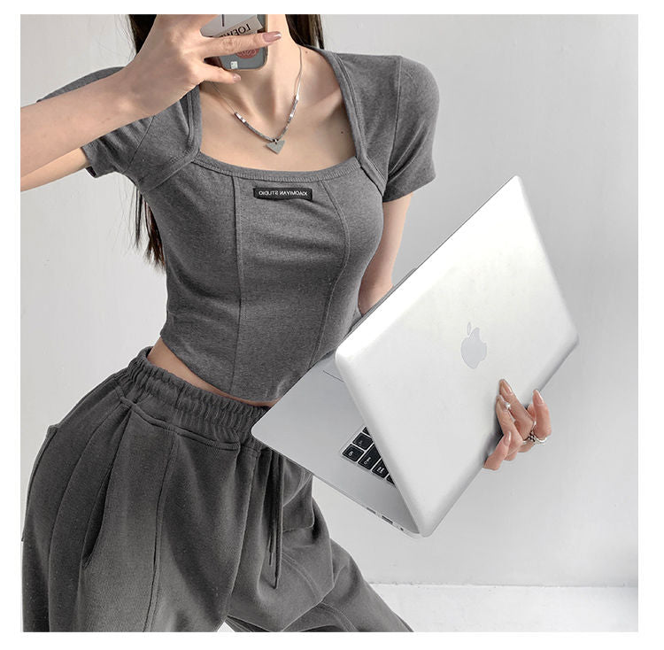 Curved Crop Tops Women Summer Square Collar Short Sleeve T-Shirt Fashion Slim Woman