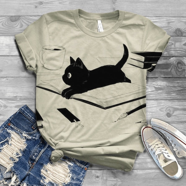 Women Summer Short Sleeve Digital 3D Cat Printed O-Neck Tops T Shirt Femme T-Shirts