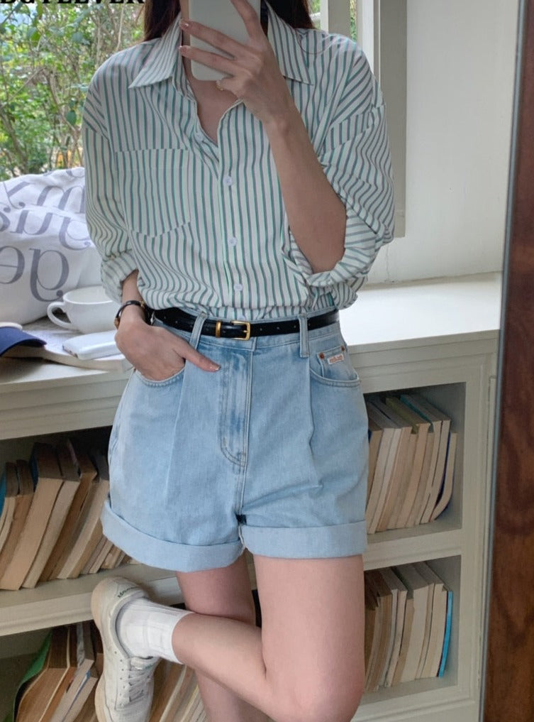 Spring Autumn Striped Blouses Long Sleeve Single-breasted Pocket Women Shirts Tops