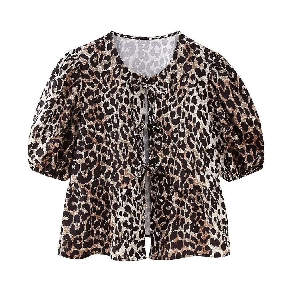 Leopard Blouse Puff Sleeve Crop Top Women's Summer Clothing