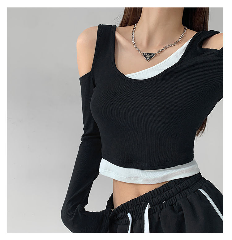 Patchwork Women's T-shirt Fake Two-piece Slim Long Sleeve Y2K Crop Tops Woman