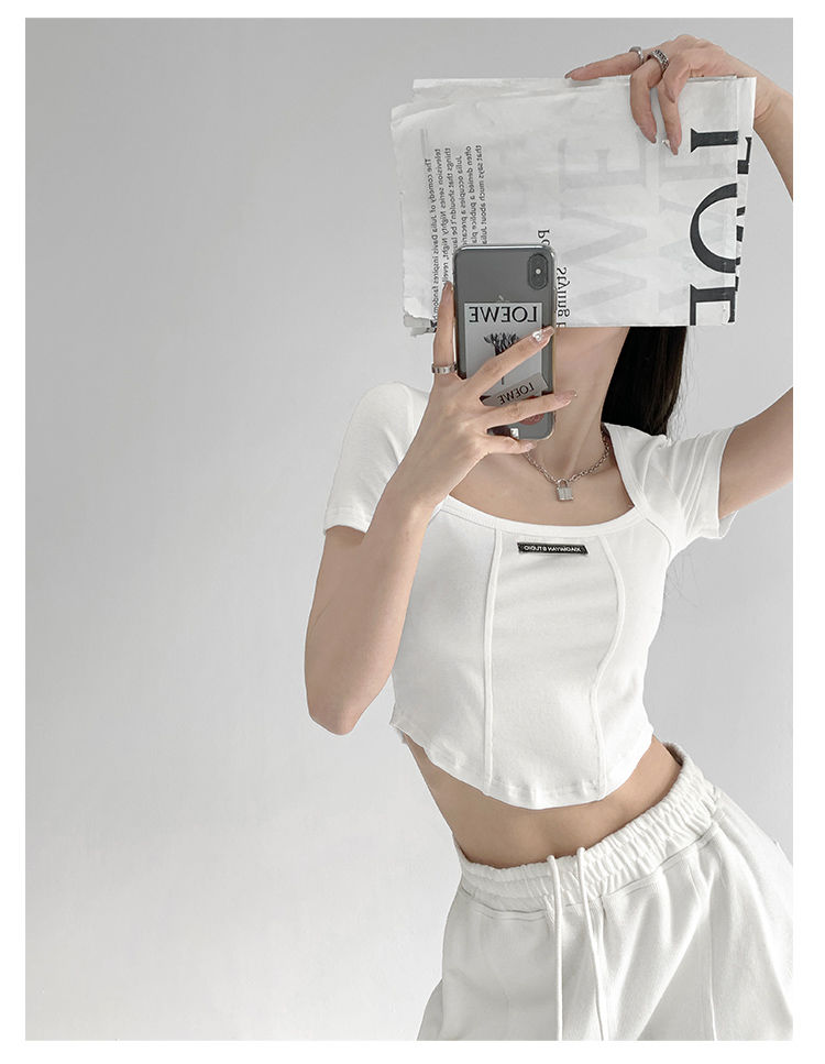 Curved Crop Tops Women Summer Square Collar Short Sleeve T-Shirt Fashion Slim Woman