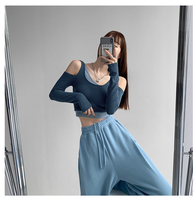 Patchwork Women's T-shirt Fake Two-piece Slim Long Sleeve Y2K Crop Tops Woman