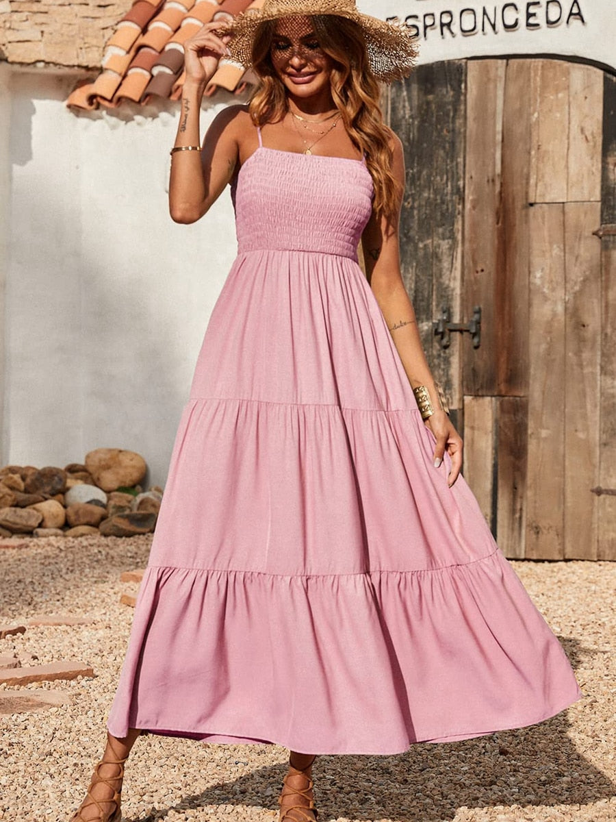 Spaghetti Strap Maxi Dress Women Summer Sleeveless Smocked Boho Long Beach Dress Sundresses