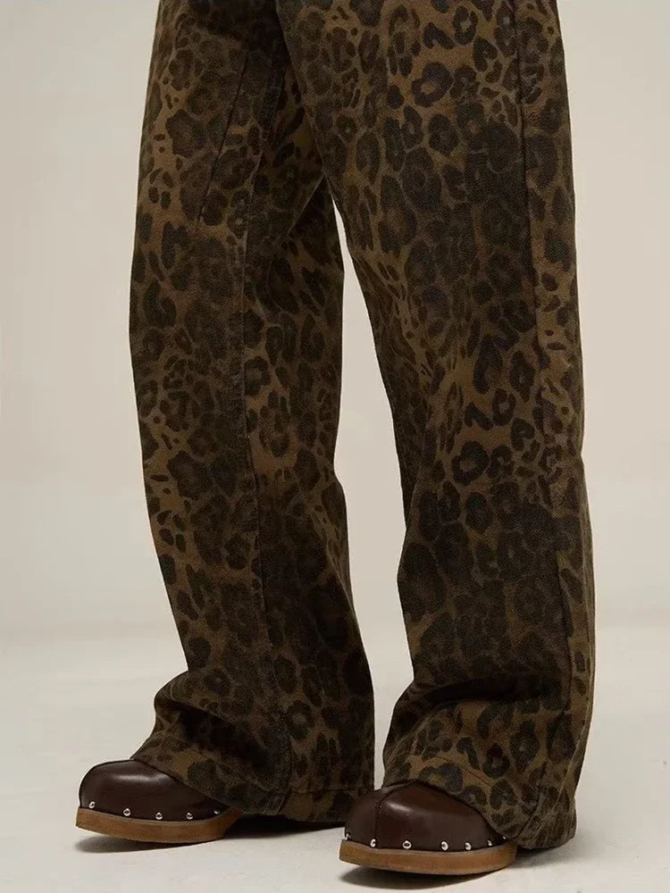 Leopard Print Y2k Jeans Women Oversized Wide Leg Denim Trousers Streetwear
