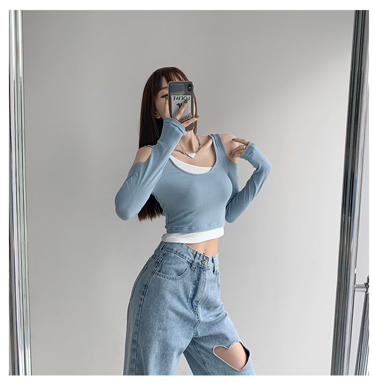 Patchwork Women's T-shirt Fake Two-piece Slim Long Sleeve Y2K Crop Tops Woman