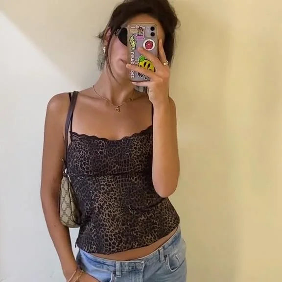 Leopard Print Sling Women Sexy Tube Top Sleeveless Backless Lace Slim Tanks Tops