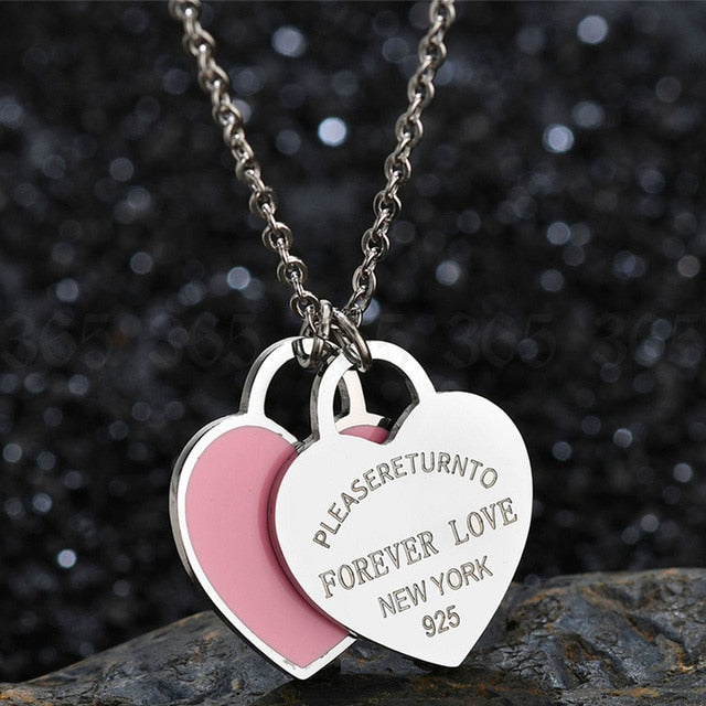 Charm Women Double Love Oil Drip Enamel Necklace Fashion Pendant Valentines Gift For Girls